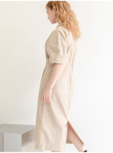 Double-Breasted Midi Linen Dress with Short Sleeves